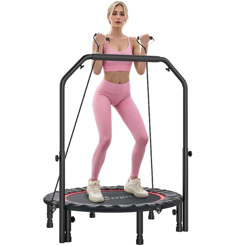 Soozier 40" Foldable Mini Trampoline, for Adults with Adjustable Foam Handle and Resistance Bands, Max Load 330 lbs, Red