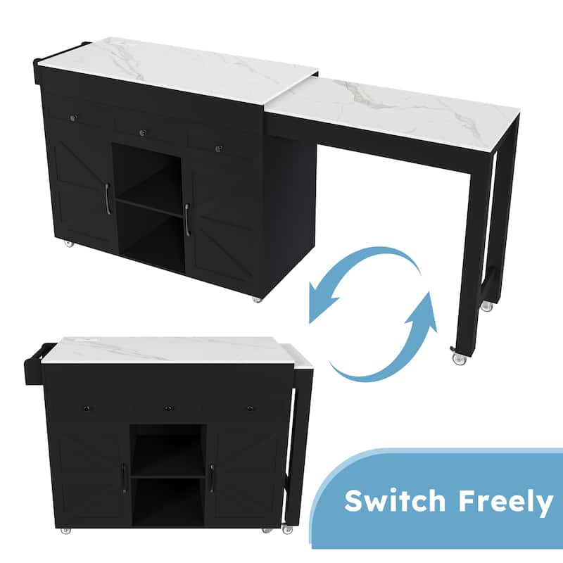 75" Kitchen Island with Extendable Table & Power Outlet - Rolling Storage Cart with Marble Top & Cabinet for Dining Room - White