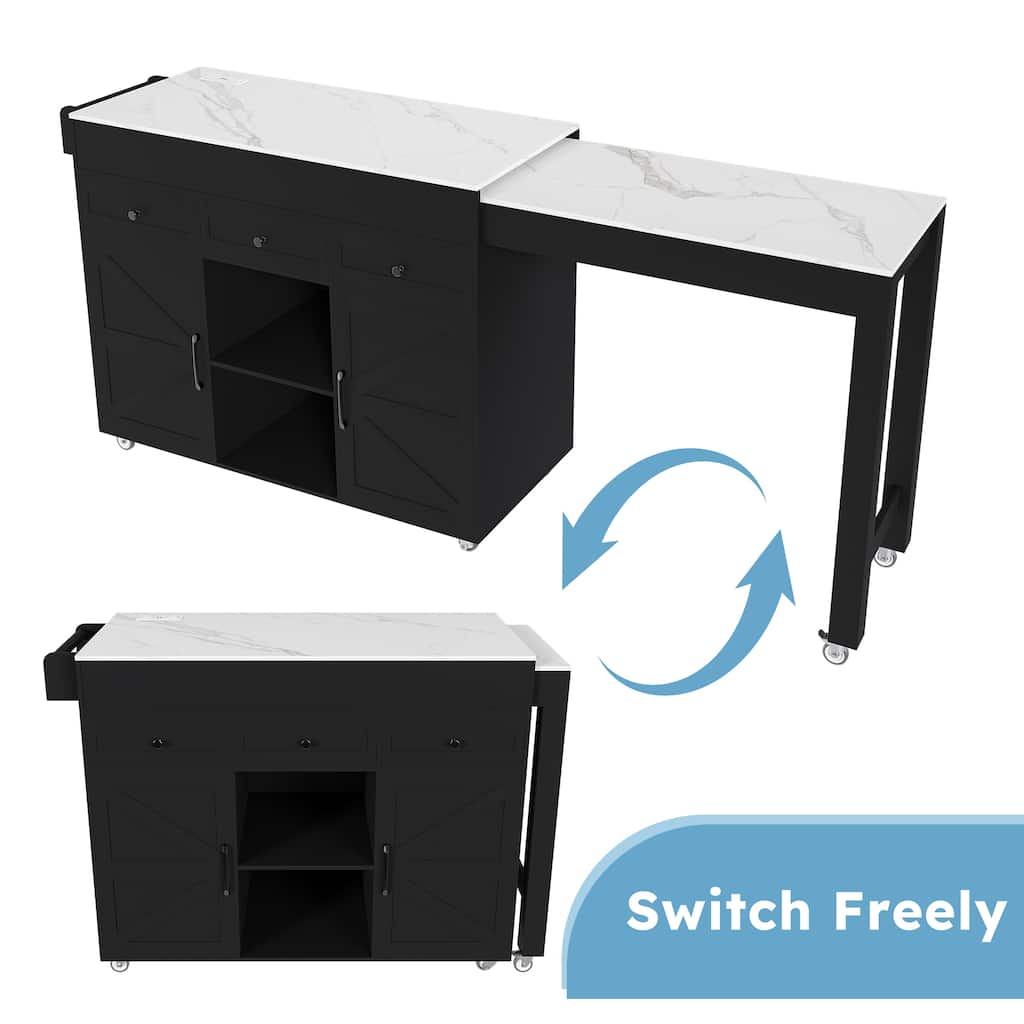 75" Kitchen Island with Extendable Table & Power Outlet - Rolling Storage Cart with Marble Top & Cabinet for Dining Room