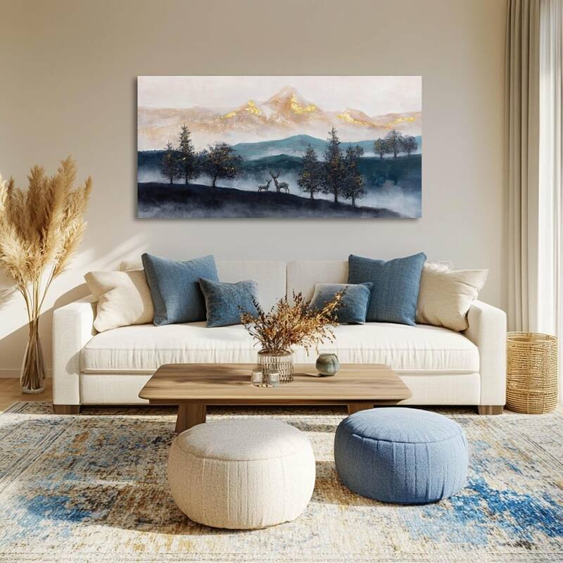 Mountain Canvas Wall Art Gold and Blue Painting Pictures Animals