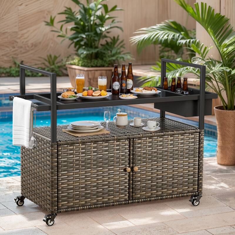 Outdoor 49.2" PE Wicker Bar Cart with Cabinet Patio Serving Cart with Tempered Glass Top - Gray - Wicker