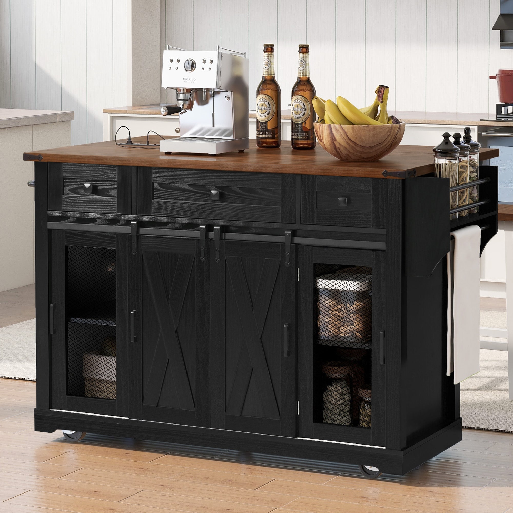 58" Farmhouse Kitchen Island with Storage and Sliding Barn Door & Spice Rack, Drop Leaf for Kitchen