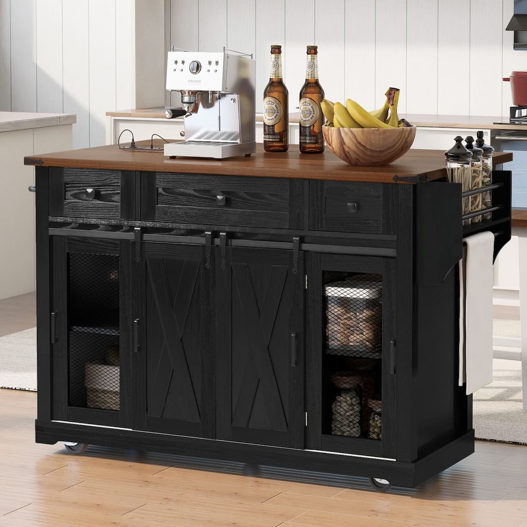 Anmytek Farmhouse Kitchen Island Cart with Drop Leaf and Power Outlets - Rolling Cart with Barn Doors and Metal Grid Side Door