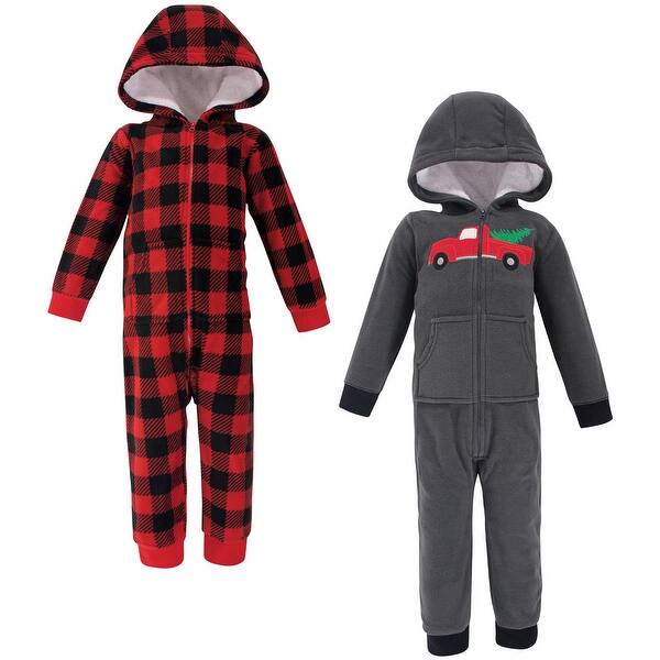 slide 1 of 1, Hudson Baby Toddler Boy Fleece Jumpsuits, Coveralls, and Playsuits 2pk, Christmas Tree 2T - Grey/Red