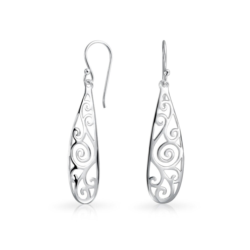 925 Sterling Silver Hook Earrings Trendy Contemporary Filigree Tear Drop Design