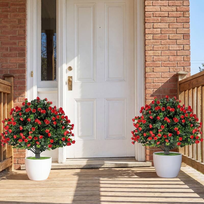 Gymax 2 Pack Artificial Rose Topiary Ball Trees w/PP Cement-Filled - Green & Red & Black