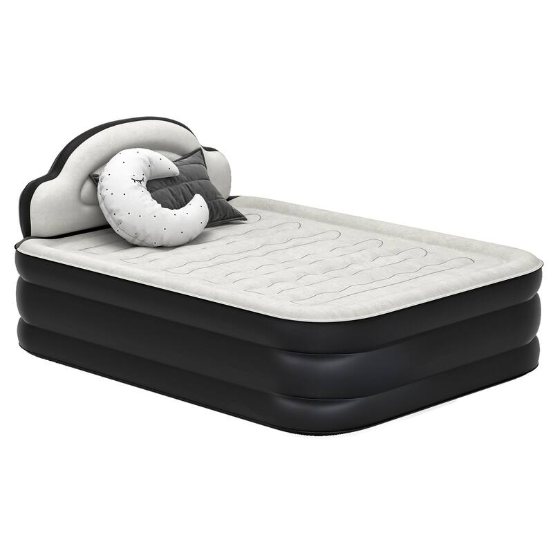 Cloud-shaped inflatable mattress with a built-in power cord, fixed pump head, and inflatable headboard - Grey/Black - Queen