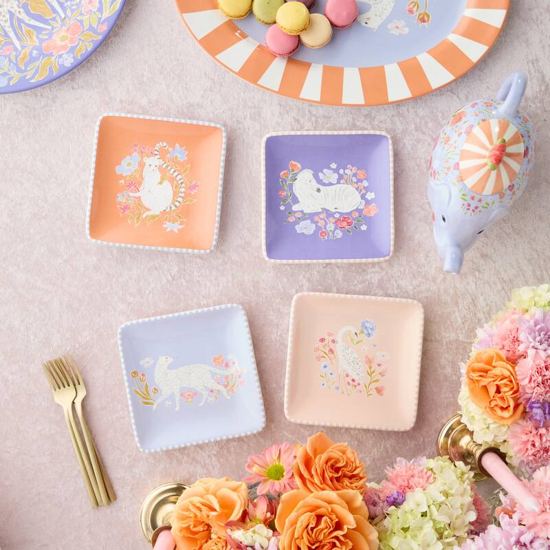 Certified International Menagerie 6" Canape/Luncheon Plates, Set of 4 Assorted Designs - 6.00"L x 6.00"W x 0.75"H