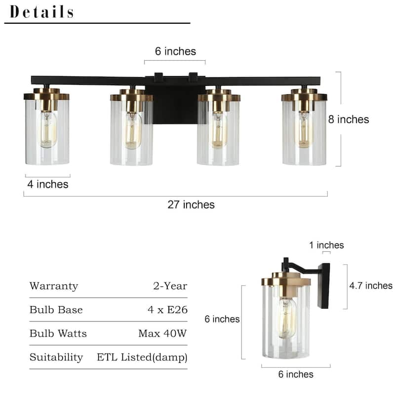 Modern 2/3/4-Light Black Gold Bathroom Vanity Lights with Cylinder Glass