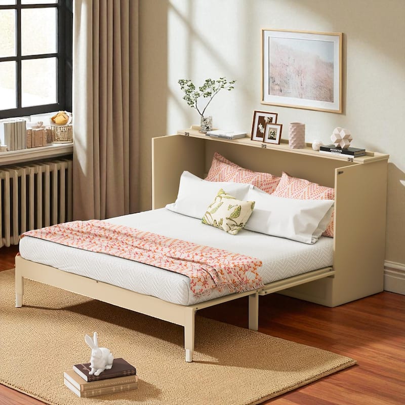 Full Size Murphy Bed with Storage Drawers, Foldable Cabinet Bed with USB Charging Port, Space Saving Design