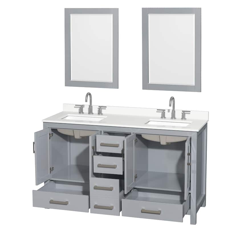 Sheffield 60-inch Double Vanity, 3 Hole Quartz Top, 24-inch Mirrors