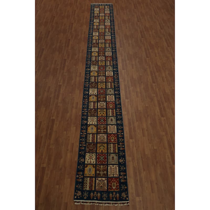 Hand Knotted Oriental 100% Wool Carpet Traditional Geometric Navy Blue & Blues Kazak Runner Rug - 22' 10'' X 2' 8''