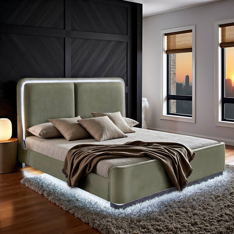 Noe Fabric Upholstered LED Platform Bed by iNSPIRE Q Modern - Moss Green - King