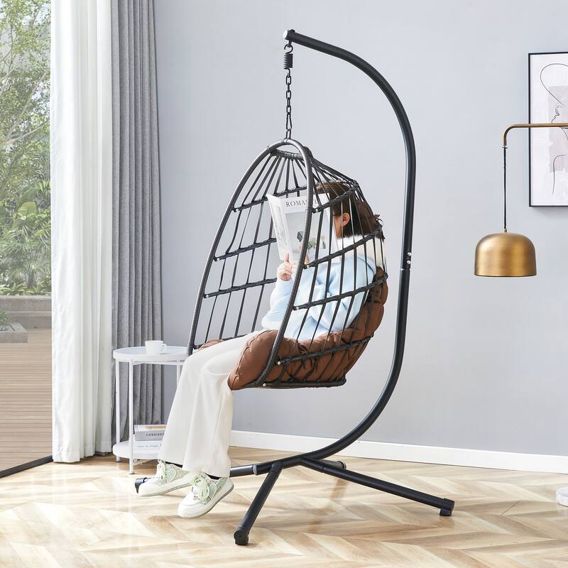 Heavy-Duty Iron Hanging Chair with Wicker Weave for Indoor/Outdoor Comfort
