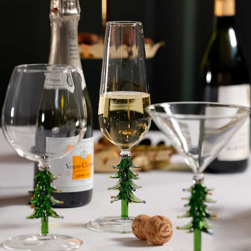 Treetop Cheers Glass Champagne Flutes - Holiday Stemware, Set of 4