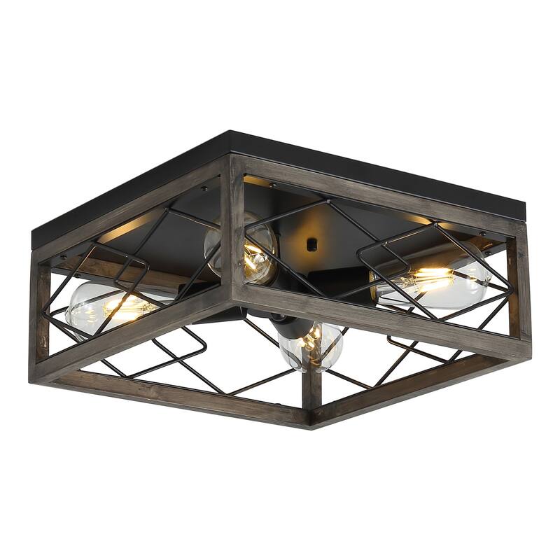 Vintage Black 4-Light Caged Ceiling Lighting with Grey Wood Grain