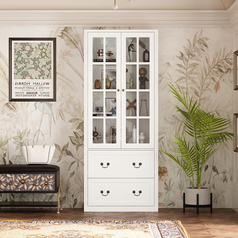 78.7"H Combo Glass Doors Display Cabinet Wooden Bookshelf Organizer