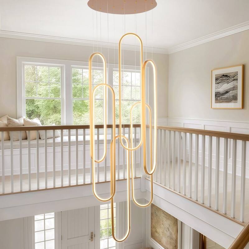 6 Rings Modern Chandelier Dimmable LED Living Room Foyer Chandelier Lighting Fixture High Ceiling Pendant Light Fixture