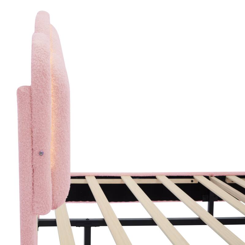 Sherpa Upholstered Flower-Shape Bed, Twin/Full Size, Adjustable LED Light Headboard, Modern Platform Bed with Wooden Slats