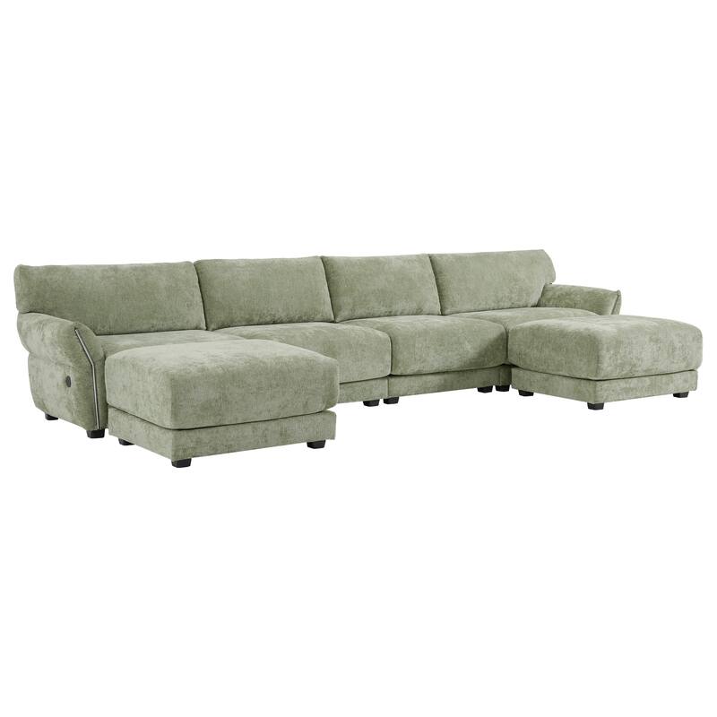 Modular Sectional Sofa Set with Petal Armrest Design External USB and Type-C Charger, Movable Ottoman, Chenille