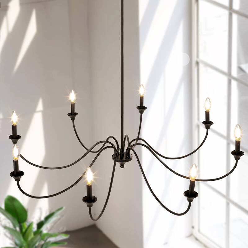 Modern Black 8-Light Chandelier Classic Candle Wheel Lights for Dining Living Room Entryway - D 47.2" x H 9.4"
