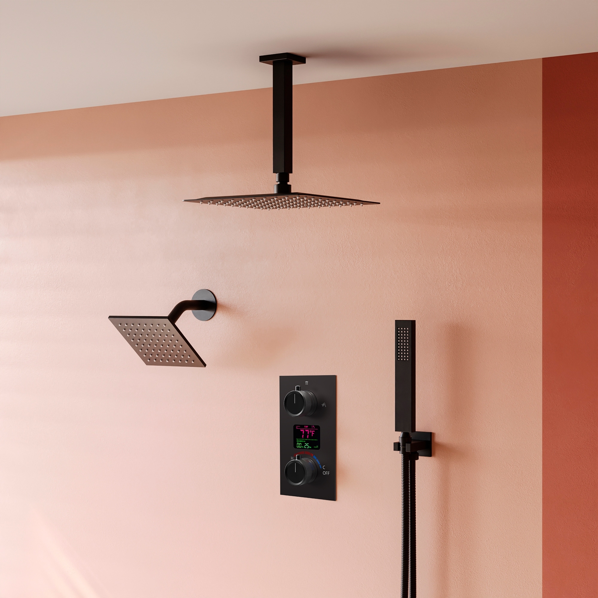 Dual Shower System Faucet with Temperature Digital Display,12" High-Pressure Rainfall Shower Head with Pressure Balancing Valve