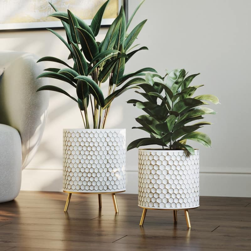 Honeycomb Gold & White Indoor Metal Pot Planter With Nyra Gold Metal Base Set - 10.5"H x 8"W x 8"D