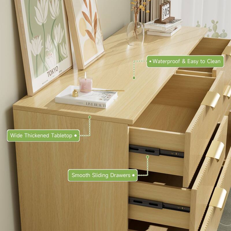 Gymojoy Fluted 6 Drawer Dresser with Gold Metal Handles, Modern Chest of Drawers for Living Room, Bedroom, Apartment