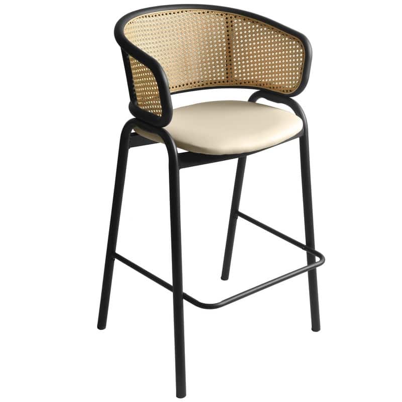 Ervilla Modern Leather Bar Stool with Curved Wicker Backrest & Black Powder-Coated Finish Steel Frame for Home & Kitchen Dining - Beige