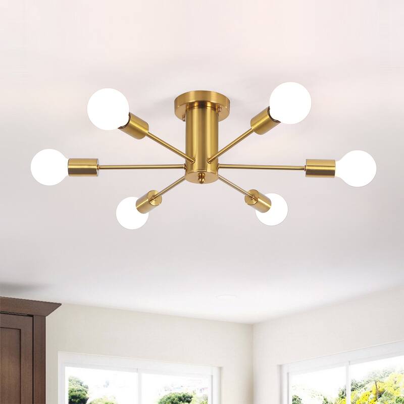 6-Light Mid Century Semi Flush Mount Chandelier for Dining Room - Gold