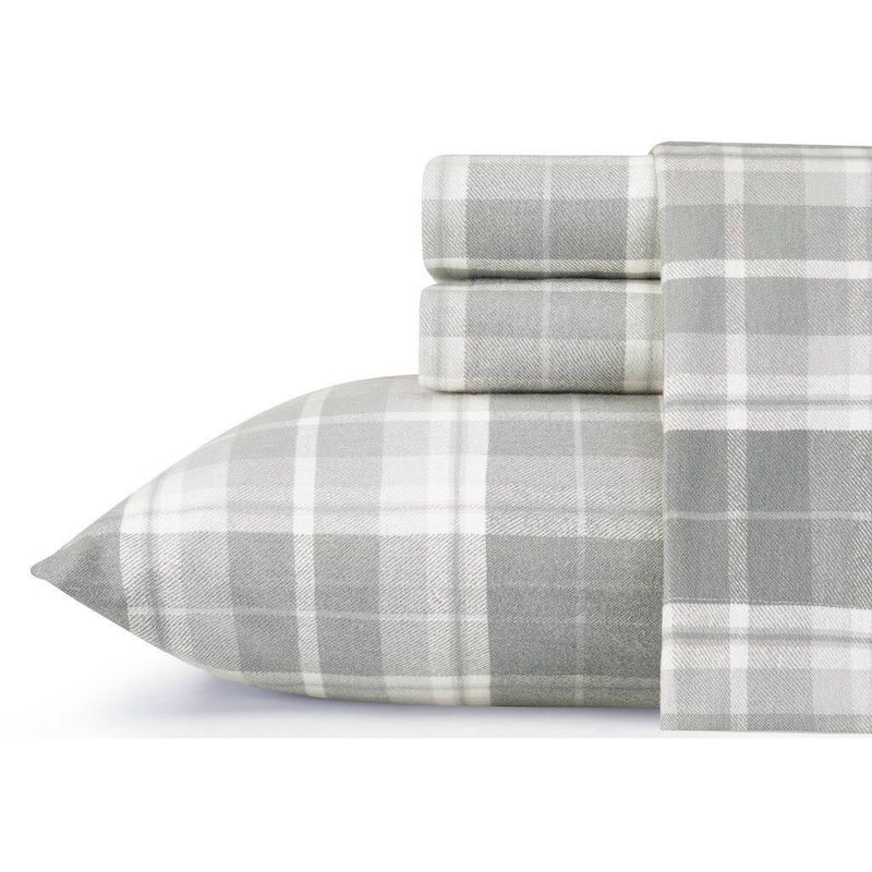 Laura Ashley Cotton Flannel Deep Pocket Sheet & Pillowcase Set - Mulholland Plaid Grey - King
