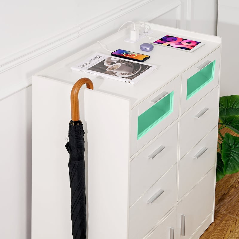 VECELO Bedroom Dresser with Adjustable LED Lights & Power Outlet Chest of 6 Drawers with Raised Edge and Large Storage Capacity