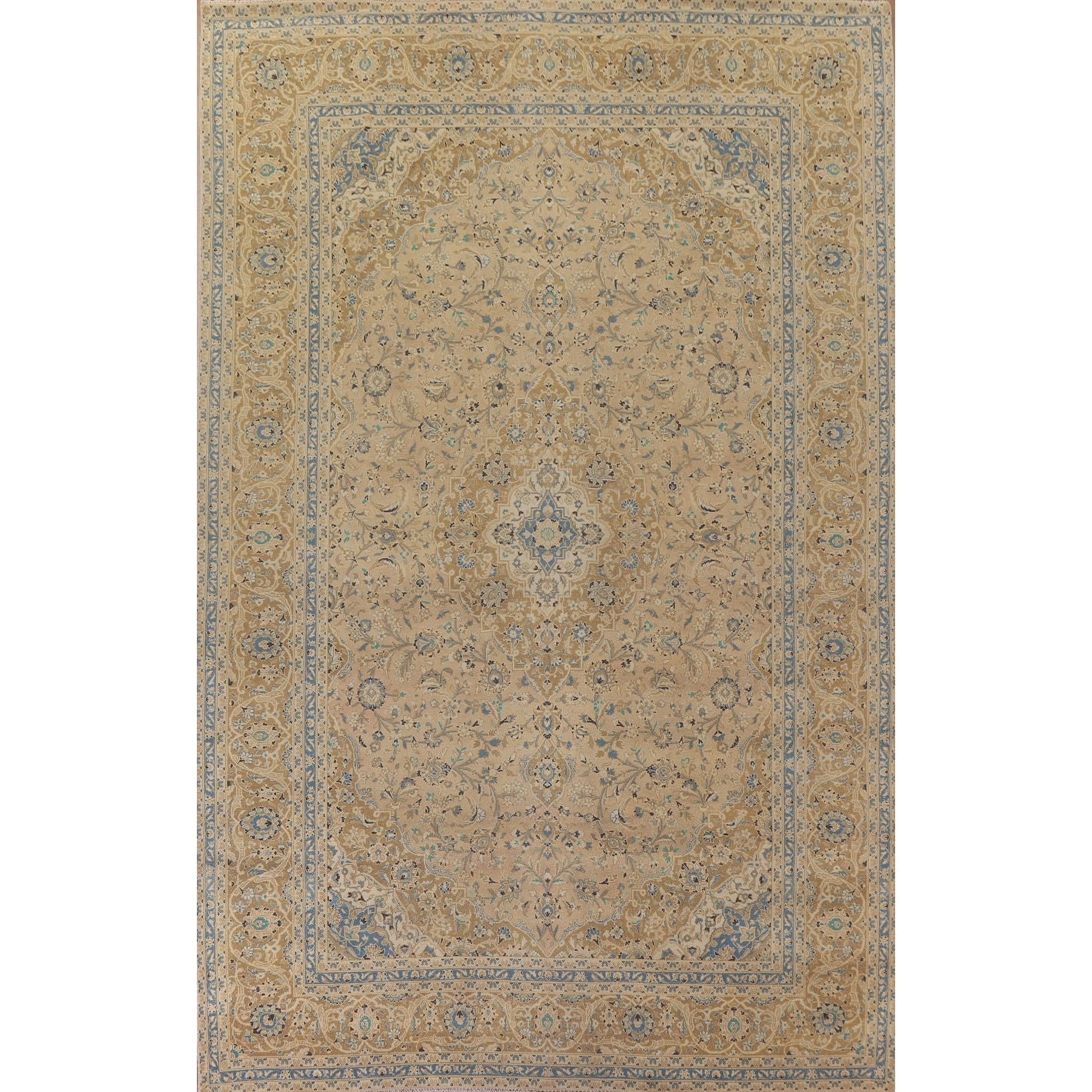 Hand Knotted Oriental 100% Wool Carpet Traditional Floral Beige & Ivories Kashan Area Rug - 13' 3'' X 9' 8''