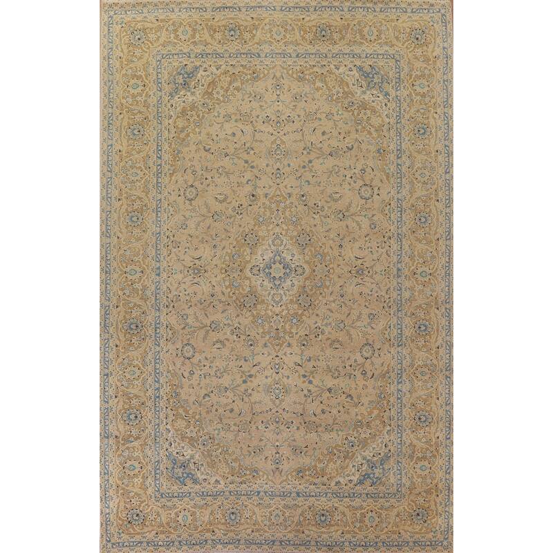 Hand Knotted Oriental 100% Wool Carpet Traditional Floral Beige & Ivories Kashan Area Rug - 13' 3'' X 9' 8''