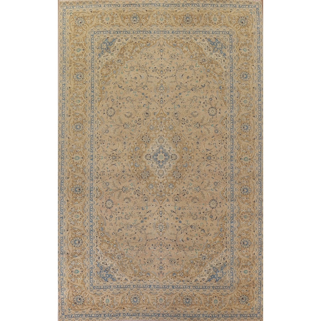 Hand Knotted Oriental 100% Wool Carpet Traditional Floral Beige & Ivories Kashan Area Rug - 13' 3'' X 9' 8''