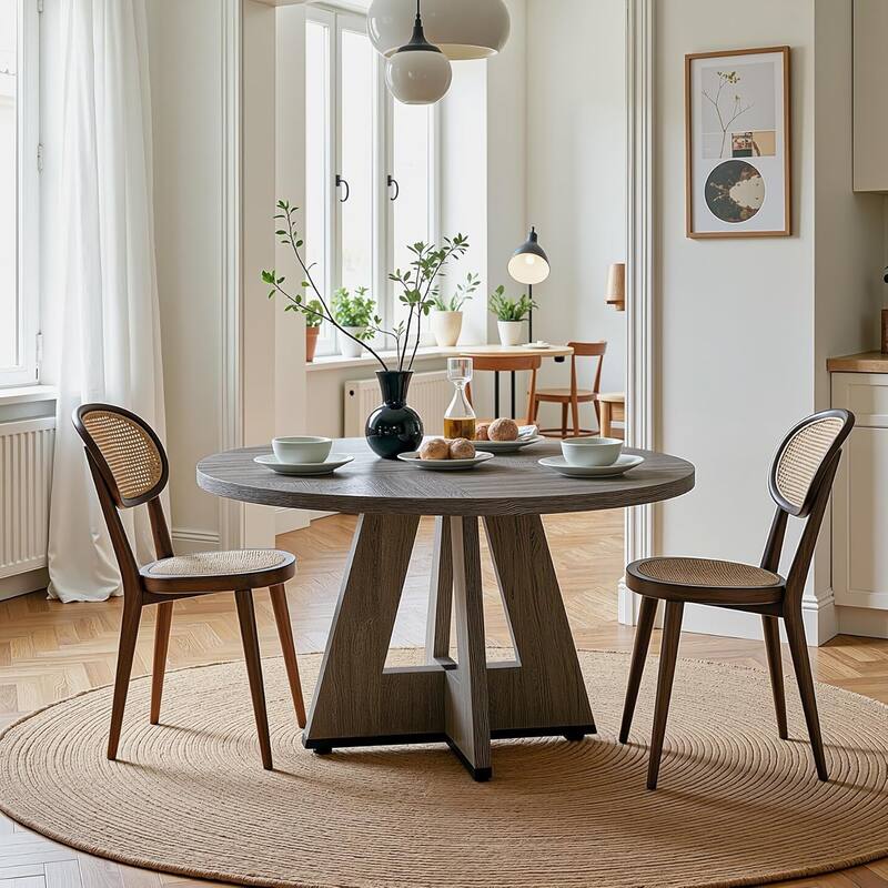 47" Round Dining Table for 4-6 People Rustic Wood Table with Pedestal Base for Kitchen Dining Room Living Room