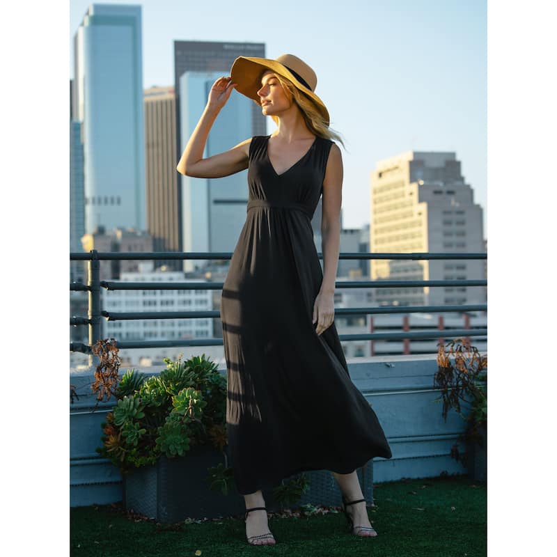 24seven Comfort Apparel V Neck Sleeveless Maxi Dress with Belt