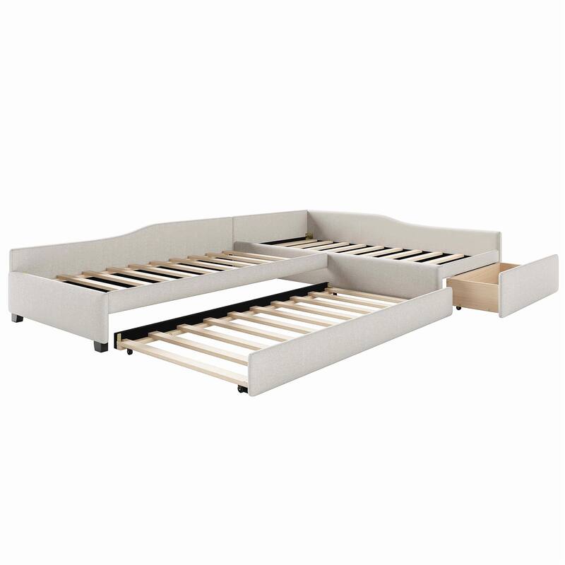 Double Twin Size Daybed with Trundle and Drawer, Living Room Linen Upholstered Sofa Bed, Solid Wood Platform Bedframe