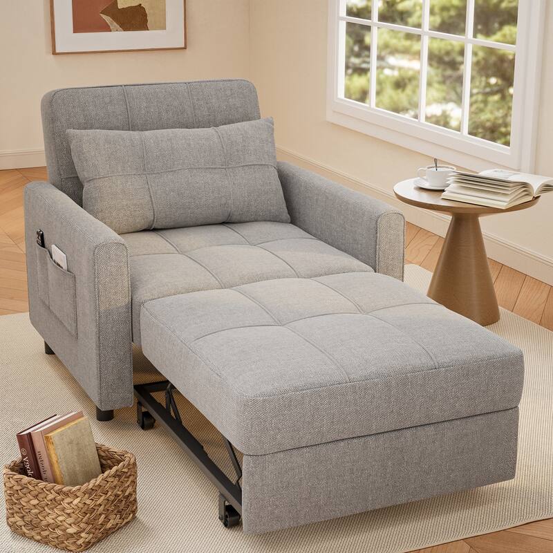 3-in-1 Pull-Out Sofa Bed Sleeper Chair , Convertible Adjustable Foldable Upholstered Lounge Couch - Light Grey