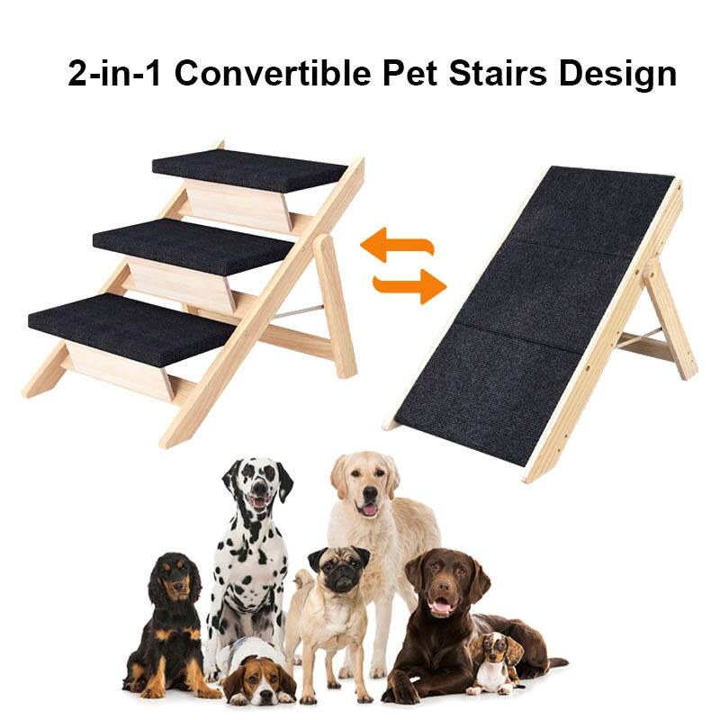 Pet Stairs Steps, Medium Dogs Steps for High Beds, Sofa, Couch, Car, 2-in-1 Foldable Wood Dog Ramp with Non-Slip Pads, Safety