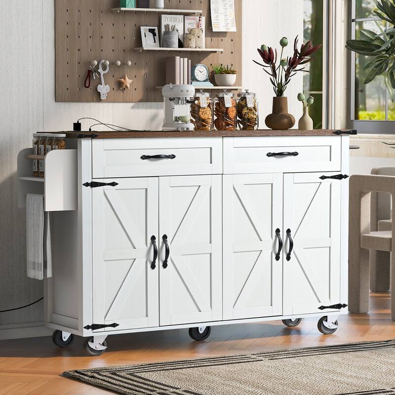 Farmhouse Kitchen Island with Power Outlet and Drop Leaf, Rolling Pantry Storage Cart with Spice Rack and Drawer for Dining Room - White