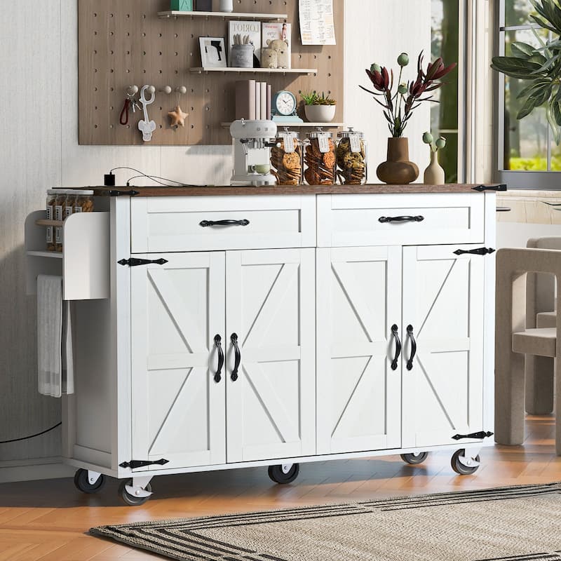 Roomfitters 53.5'' Farmhouse Kitchen Island with Power Outlet, Drop Leaf, Spice Rack, Drawer, Rolling Cart
