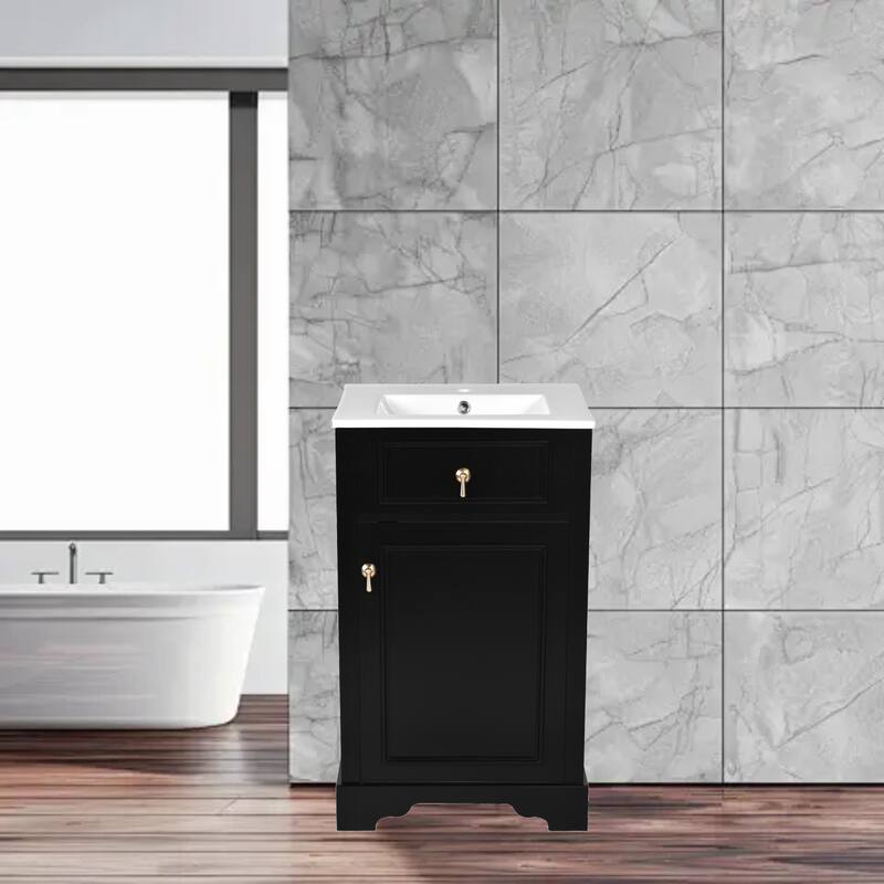 Compact 20" Bathroom Vanity with Ceramic Sink, Soft Close Door, Adjustable Shelf & Vintage Metal Handle - Black
