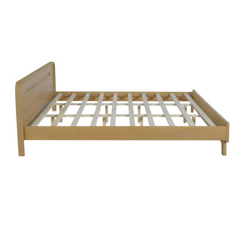 Rustic Pine Wood Bed Frame Low-Profile Platform Bed with Panel Headboard Solid Wood Slat Support and Extra Wide Thickened Legs