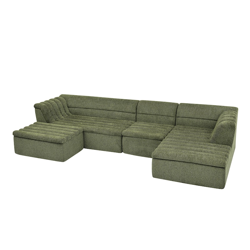 Roomfitters U-Shaped Modular Sectional Sofa with Chaise and Movable Ottoman, Chenille Upholstery and Wave-Shaped Armrest