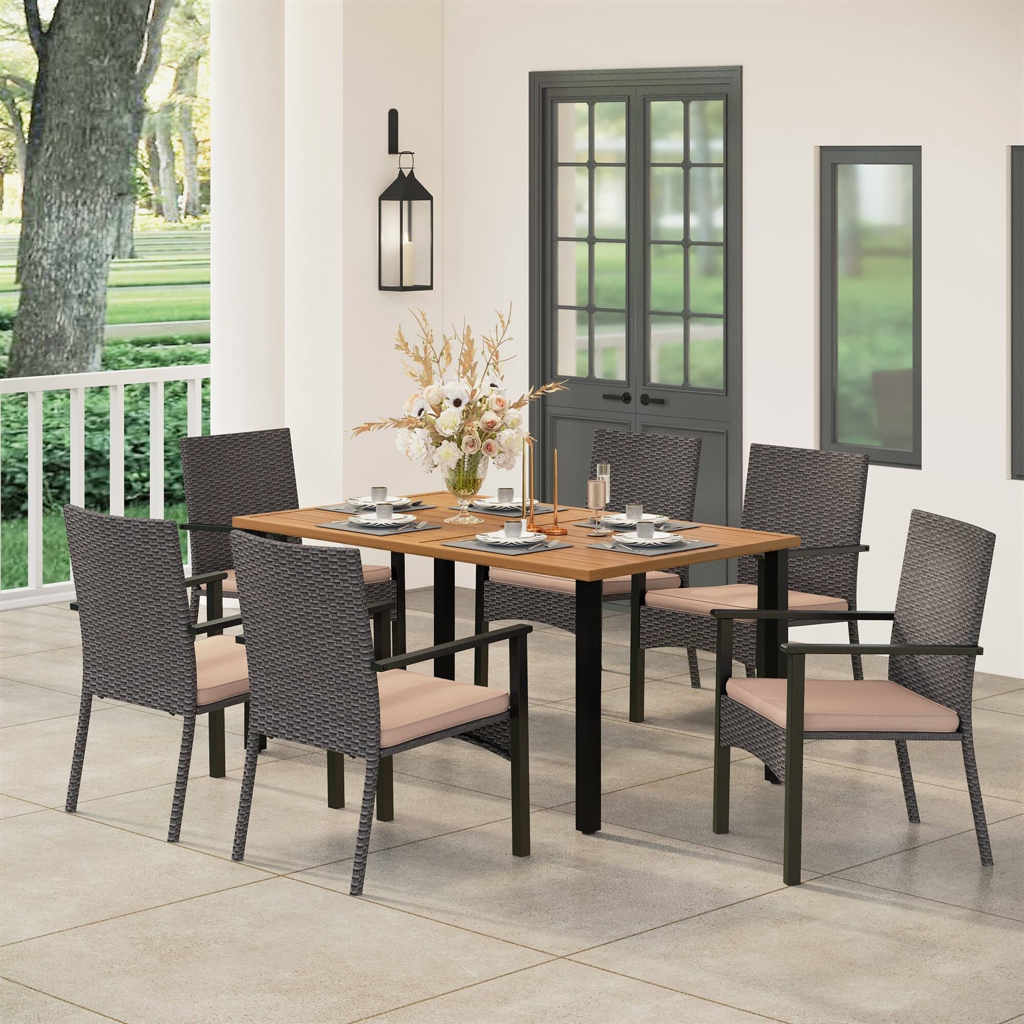7piece Patio Dining Set, 6 Sling Patio Rattan Dining Chairs and 1
