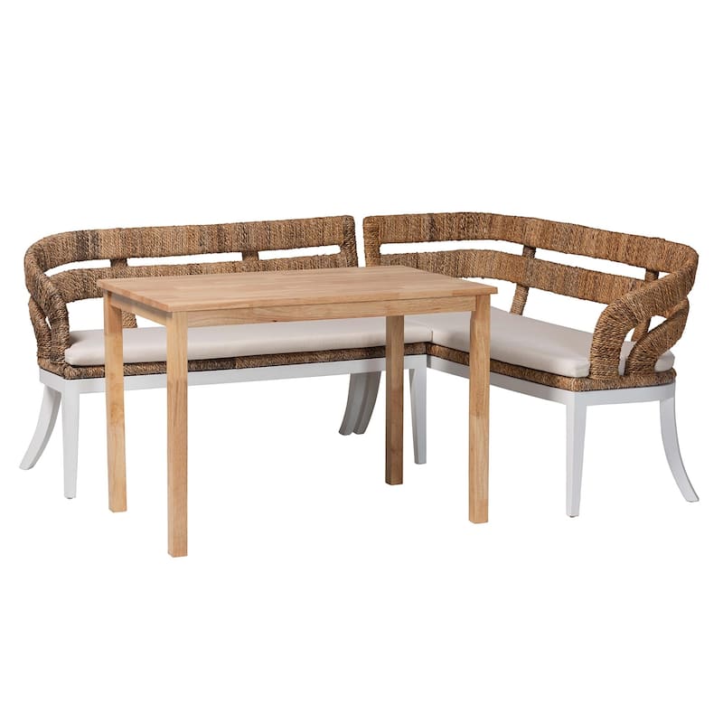 Ubud Seagrass Dining Nook Set with Wood Table - Coastal Farmhouse Breakfast Furniture Set - 3-Piece