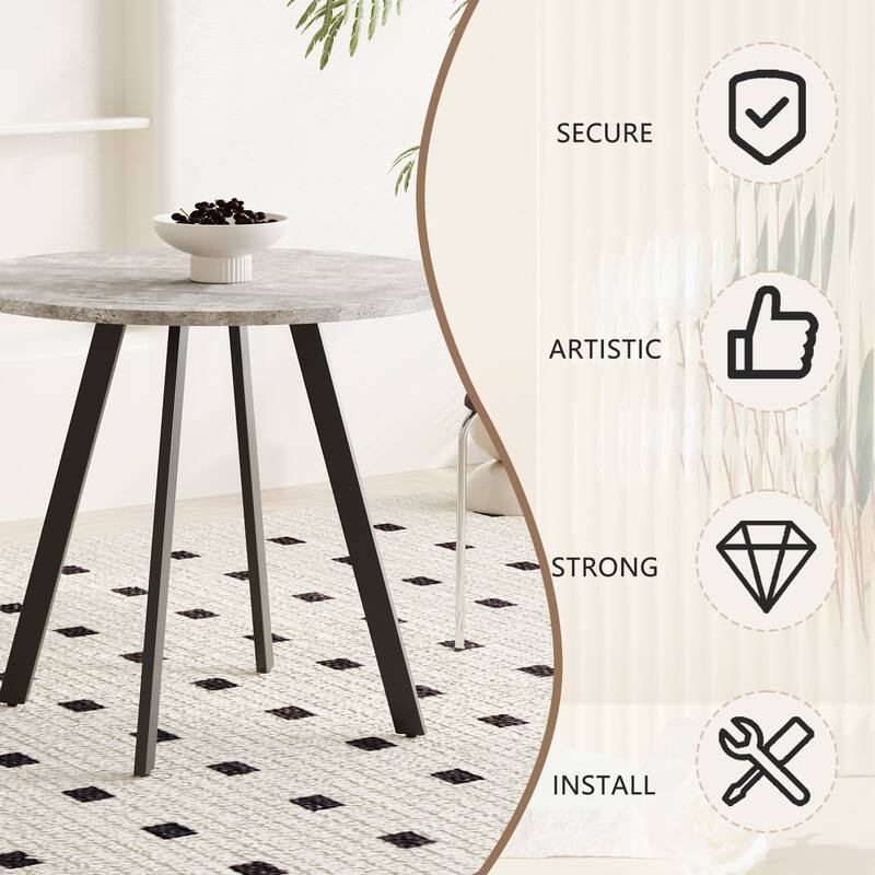 Modern Round Dining Table with Gray Cement Texture, Coffee Table with Triangular Iron Legs, Anti-Slip Feet
