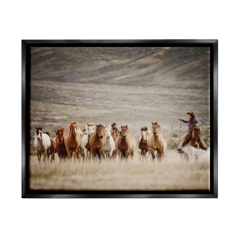 Stupell Cowboy Herding Horses Framed Floater Canvas Wall Art Design by PBurchettePhoto - 31 x 25 - Black