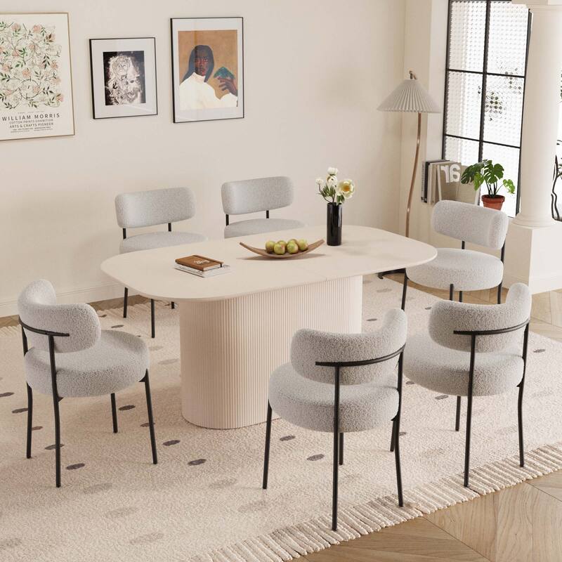 63" medieval modern cream style MDF dining table and 6 sets of circular cushioned armless dining chairs